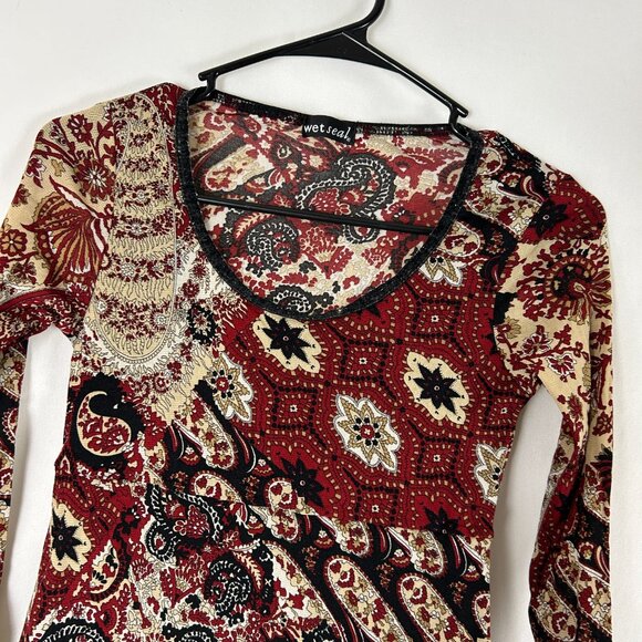 Wet Seal Y2K Grunge Paisley Lettuce Leaf Top M Red Black Sheer - Picture 2 of 6